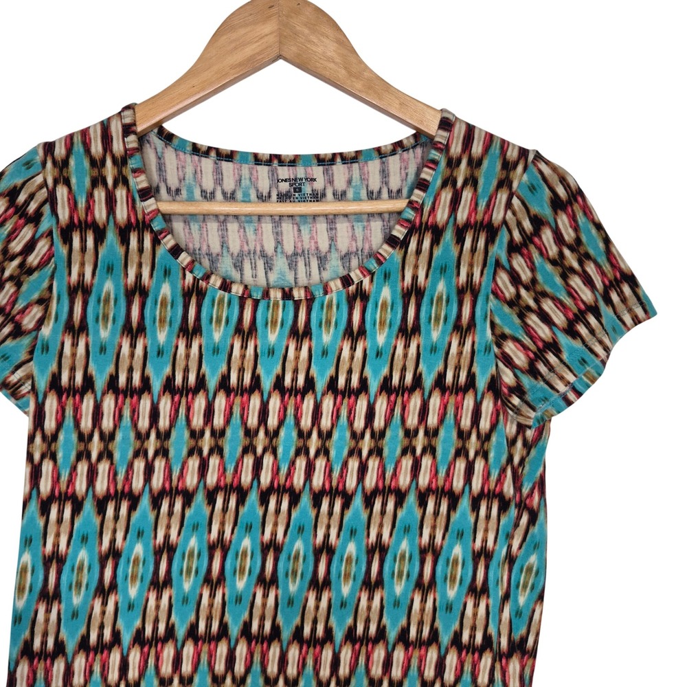 Jones New York Sport Tee Women Small Ikat Geometric Cotton Stretch Top Turquoise